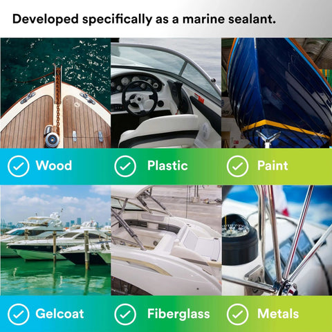Marine Adhesive Sealant Fast Cure 4200 Semi Permanent Flexible Sealant for Boats and RVs shown on various marine surfaces