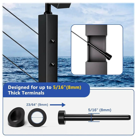 Marine Grade Stainless Steel Angle Beveled Washer 0.35 Inch ID for 5/16 Cable shown in railing system installation