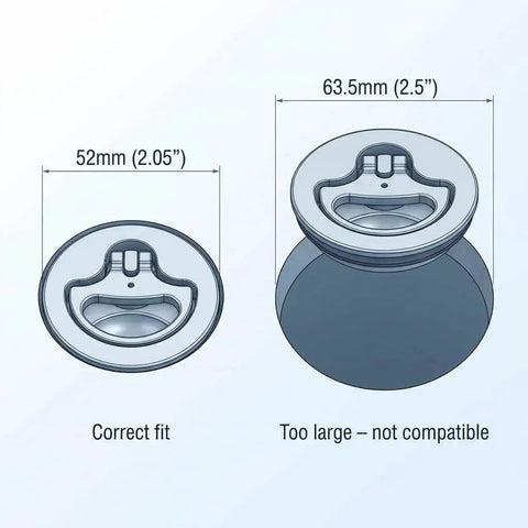 Marine grade 316 stainless steel boat cam latch set fits 52mm hole cutouts and 1/2 to 1 inch panels, size comparison diagram
