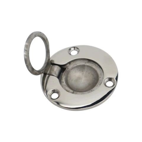 Round stainless steel deck hatch lock plate with flip ring handle and three screw holes