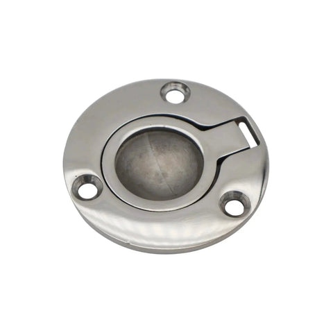 Close-up of polished stainless steel round deck hatch latch plate with butterfly bolt slot and three mounting holes