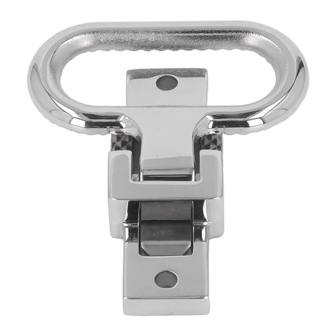 Stainless steel marine folding foot pedal/step, close-up view for boats and trailers.