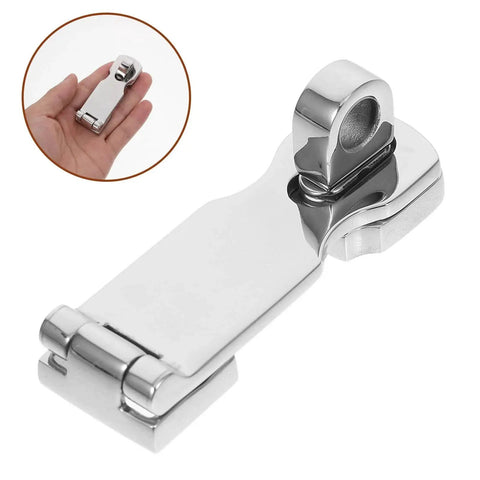 Close-up of marine-grade stainless steel gate latch hasp with swivel padlock eye, 75x25mm