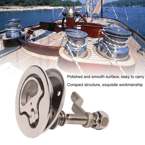 Close-up of Marine Grade 316 Stainless Steel Boat Cam Latch With Back Plate, Flush Lift Pull Hatch Latch on a yacht deck.