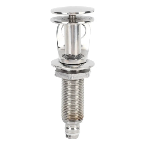 Front view of a polished stainless steel retractable boat cleat with a threaded deck bolt