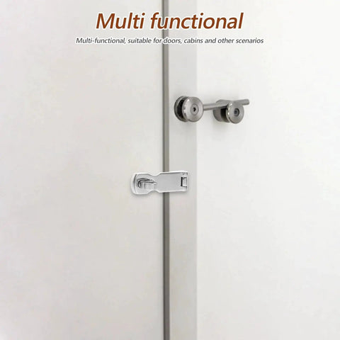 Installed marine-grade stainless steel door latch/hasp with swivel padlock eye on white door