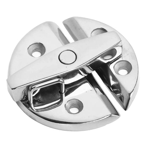 Round turn button latch, marine-grade stainless steel with mirror finish, close-up view.