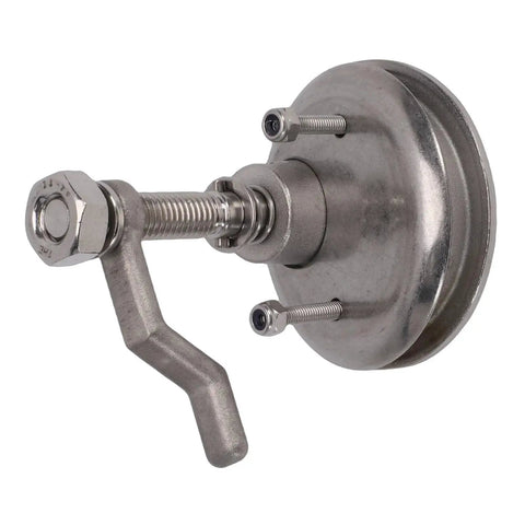 Side view of Bnineteenteam boat cam latch in marine-grade 316 stainless steel with round base and lever.