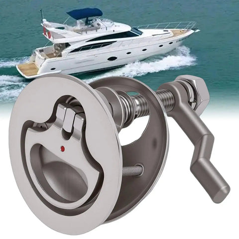 Close-up view of Depisuta boat cam latch in marine-grade 316 stainless steel with red dot indicator and adjustable arm