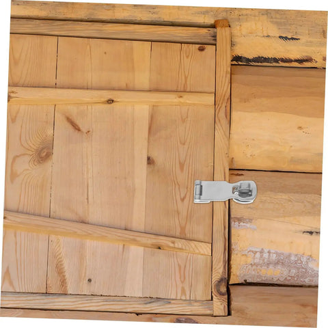 Stainless steel door latch hasp installed on a wooden door; marine-grade hardware