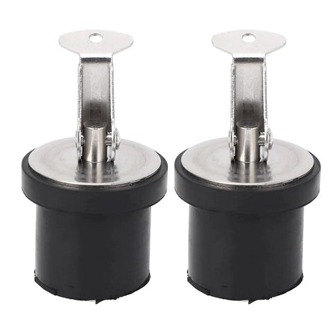 Front view: two 19mm stainless steel compression boat drain plugs with rubber seals and twist-lock tops.