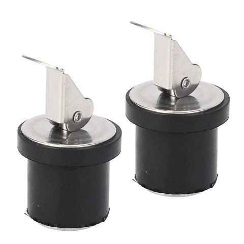 Two 19mm compression boat drain plugs with stainless steel tops and rubber seals (front and side view).