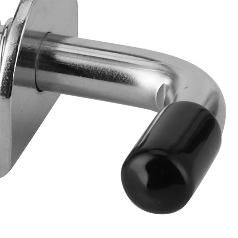 Stainless steel drum spring latch with black knob; close-up view for marine use