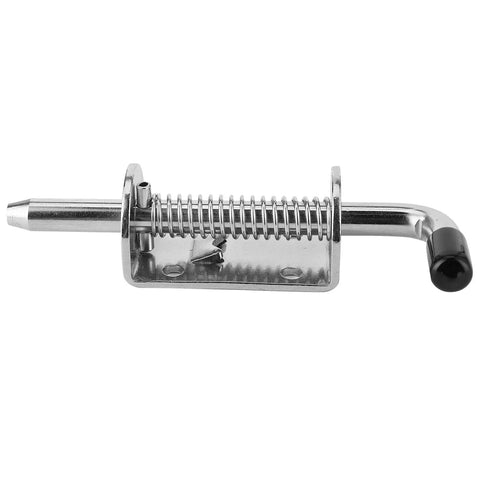 Stainless steel drum-spring latch with mounting plate and curved black handle for boat storage
