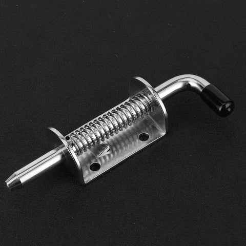 Angled view of Semme drum spring latch for boats; marine-grade stainless steel with mounting base and black handle