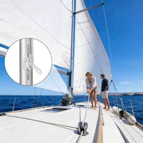 Flagpole rope cleat hook set on sailboat deck; two-piece marine-grade stainless steel hardware; inset shows tied rope.