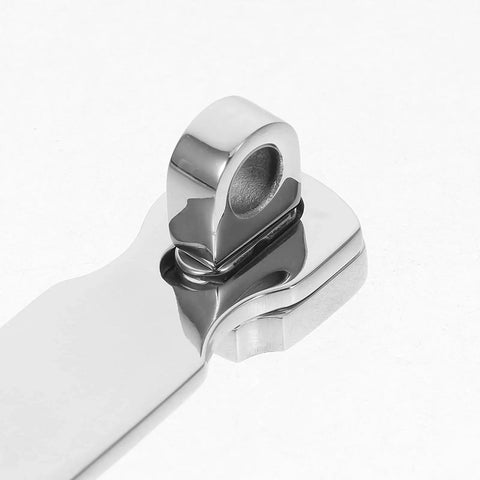 Gate latch hasp, marine-grade stainless steel with swivel padlock eye (close-up)