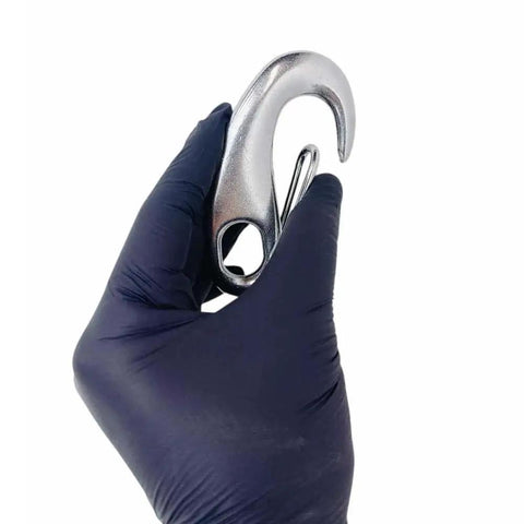 Front view of marine-grade T316 stainless steel gate snap hook, 3-3/4 inches, 1000 lb WLL, held in gloved hand
