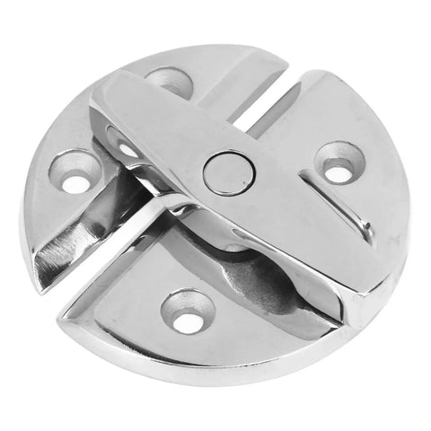 Round turn-button twist latch, front close-up, mirror-finish marine-grade stainless steel