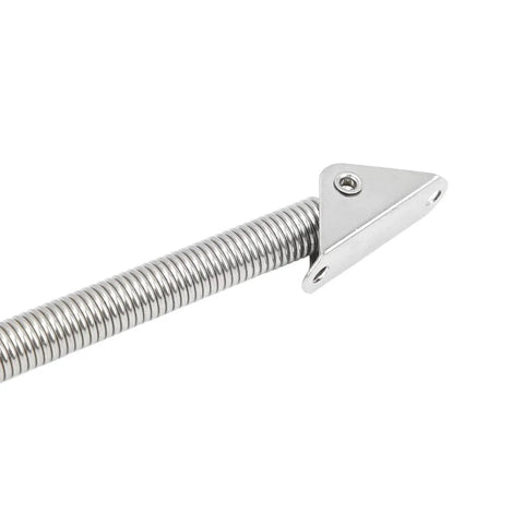 Semme 8-1/4in stainless steel coil spring with triangular mounting plate for lid holder, side view, 10 lb load capacity