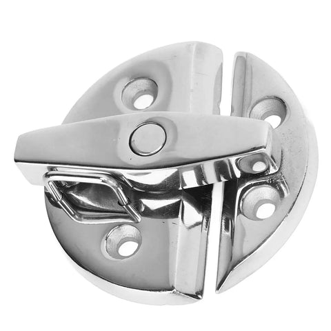 Close-up of round marine-grade stainless steel boat twist latch with mirror finish and secure lock