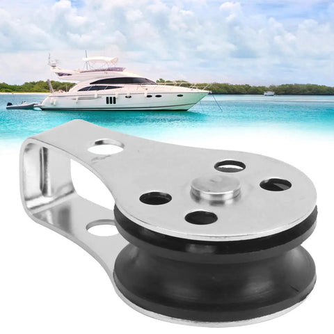 Front view of marine-grade stainless steel bearing wheel pulley with mounting bracket, 25mm wheel