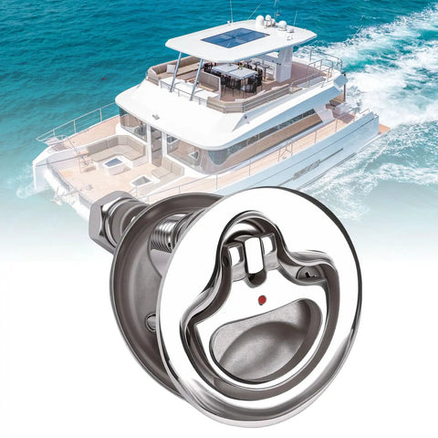Close-up of marine-grade 316 stainless steel boat hatch latch with red dot indicator and adjustable arm, 2.05in hole.