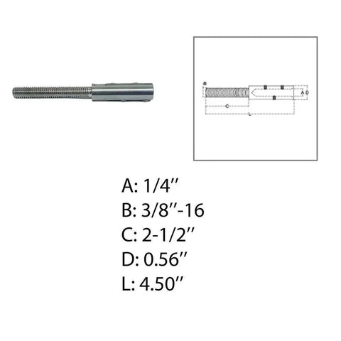 Marine Grade Threaded 3 8 16 Set Screw Stud For One Quarter Inch Stainless Wire with dimensions and diagram