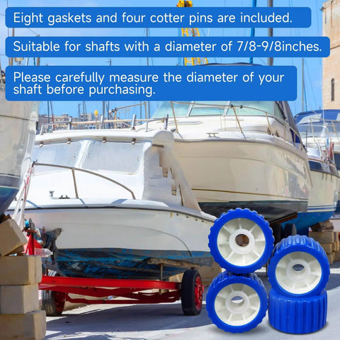 Boat Trailer Roller Kit With 5 Inch Outside Diameter Ribbed PU Wobble Roller For Shafts From Seven Eighths To One And One Eighth Inches Includes Eight Gaskets And Four Cotter Pins Durable Marine Grade Polyurethane with boats in background