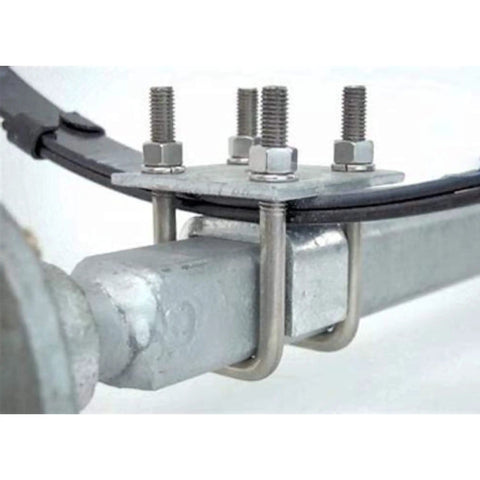 Heavy duty 1/2 inch galvanized U bolts and plate kit for boat trailer axles and leaf springs, mounted on 2x3 square axle