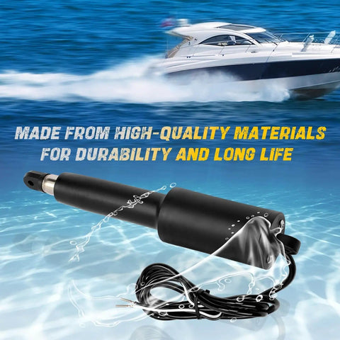 Premium Heavy Duty Replacement Trim Tab Actuator For Lenco 102 Series, 12V, 4.25 Inch Stroke shown in marine environment