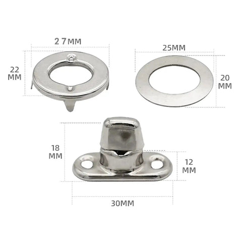 Three-piece marine-grade twist-lock fastener components in silver metal: turn button, washer, and base plate