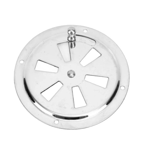 Round 4-inch stainless steel vent grill with mounting holes and central post.
