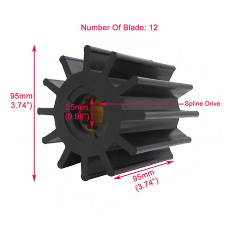 Marine flexible water pump impeller replacement for Jab pumps, 12 blade spline drive design with brass insert, dimensions labeled.