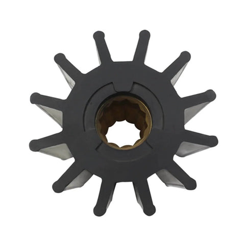 Marine flexible water pump impeller replacement for Jab pumps, 12 blade spline drive design with brass insert and neoprene rubber.