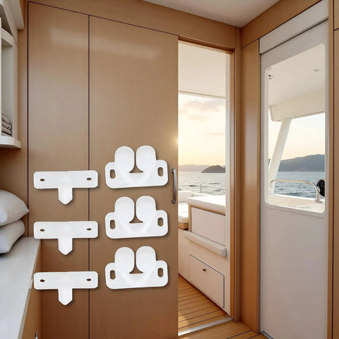 Three Pack White Marine Boat Door Catch Sets With Ball Roller Latches And Spring Back Plates on wooden cabinet door