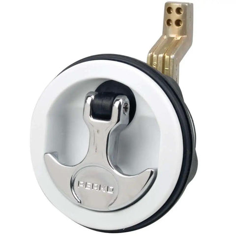 Marine-grade white T-handle surface mount latch with a 3 inch face plate, fits 2.5 inch hole, stainless steel stem, non-locking latch