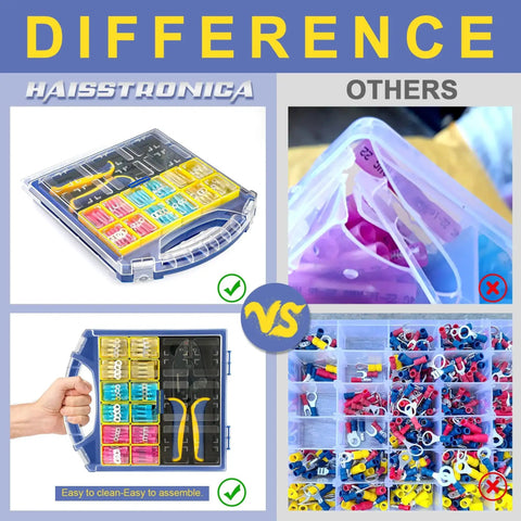 Comparison of Haisstronica Marine Grade Heat Shrink Wire Connectors Kit vs others with organized and disorganized tools.