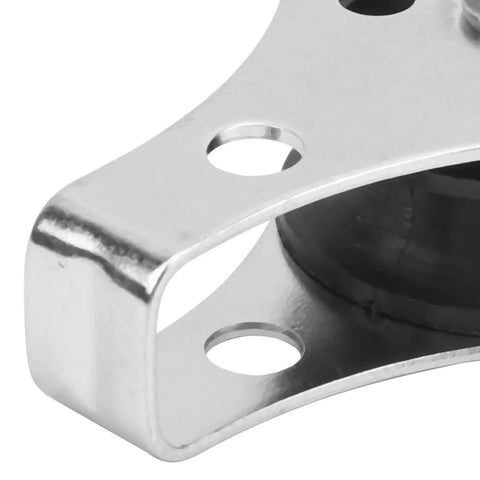 Stainless steel bearing wheel pulley housing with mounting holes and black inner wheel (close-up view)