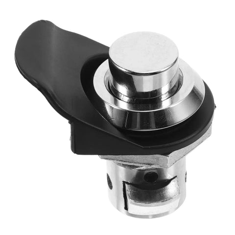 Front view of chrome round-button push latch with black housing for cabinets/boats