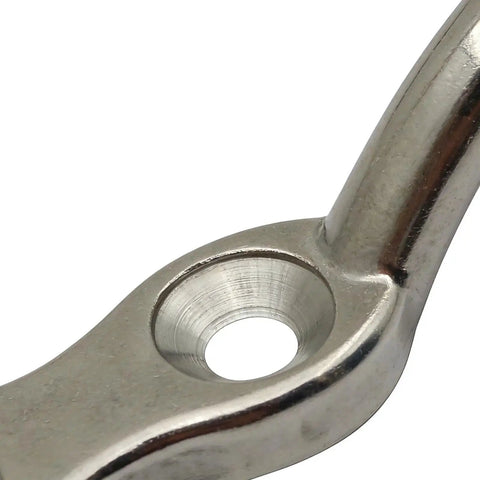 Two-piece stainless steel flagpole cleat hook for boats; marine-grade hardware with screw hole