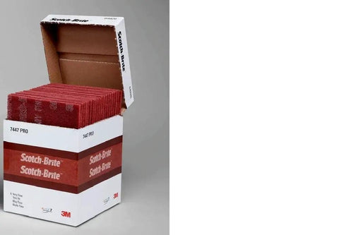 Box of maroon General Purpose Hand Pads 6x9 perforated nonwoven abrasive pack of 20, open view showing multiple pads inside.