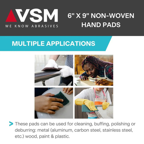 Four images showing uses of Maroon Very Fine Nonwoven Hand Pad 6 x 9 Inch Aluminum Oxide Scrub Pad in cleaning and detailing tasks.