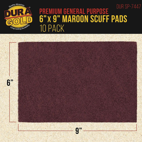 Maroon General Purpose Scuff Pads 6x9 Inch Box Of 10 For Surface Prep Primer, shown with dimensions and packaging details.