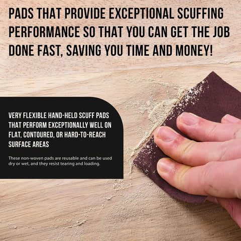 Person using Maroon General Purpose Scuff Pad on wood surface, focusing on flexibility and performance, 6x9 inches, box of 10.