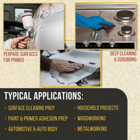 Illustration showing Maroon General Purpose Scuff Pads 6x9 Inch Box Of 10 For Surface Prep Primer in use on various surfaces.