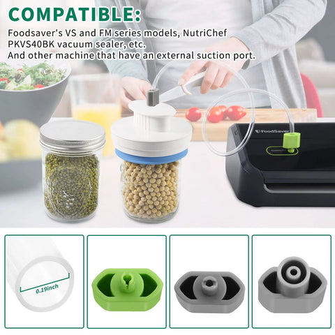 Mason jar sealer kit for FoodSaver vacuum sealer; two jars and four accessory attachments (green/gray) from Amazon.