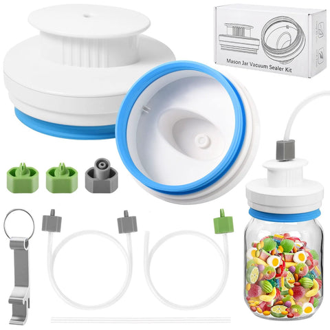 Mason jar vacuum sealer kit in white with blue ring, hoses, and wide/regular mouth adapters