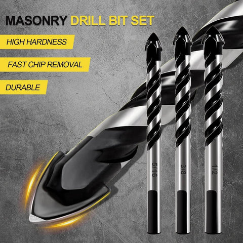 Close-up of Carbide Masonry Drill Bit Set 12 Pieces From One Eighth To One Half Inch, three bits with highlighted tip and text showing features.