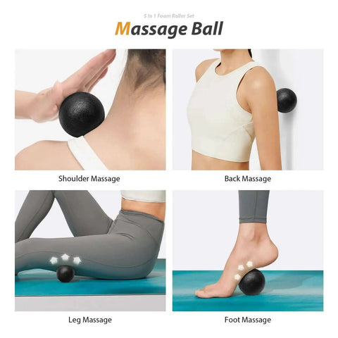 Using black massage ball for shoulder, back, leg, foot massage from 5 In 1 Deep Tissue Massage Set With Foam Roller.